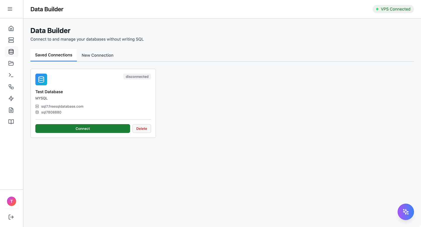 Saved server connections dashboard